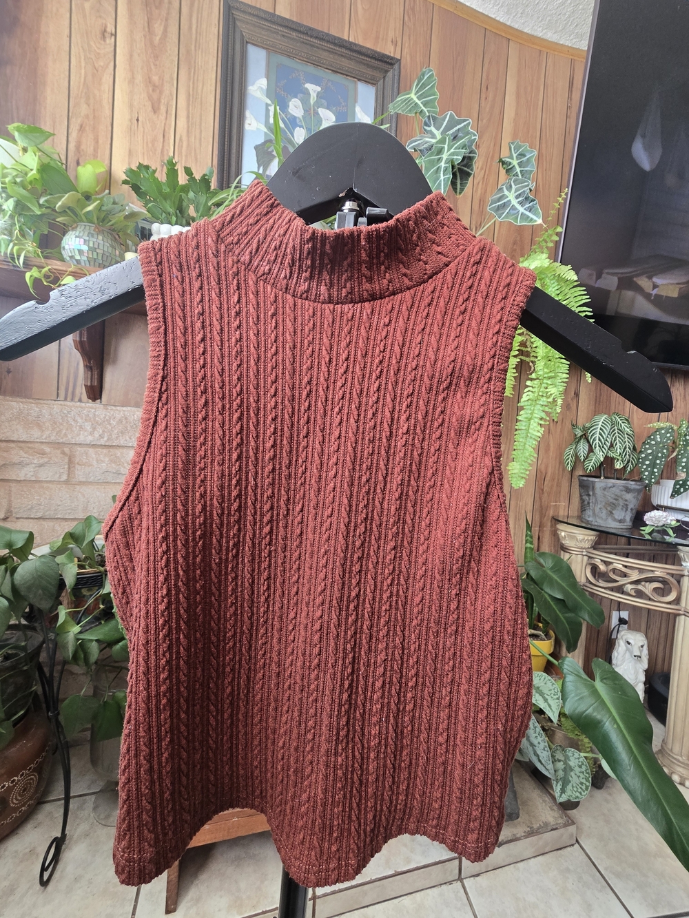 Bozzolo Rust Cable-Knit Sleeveless Mock Neck Sweater